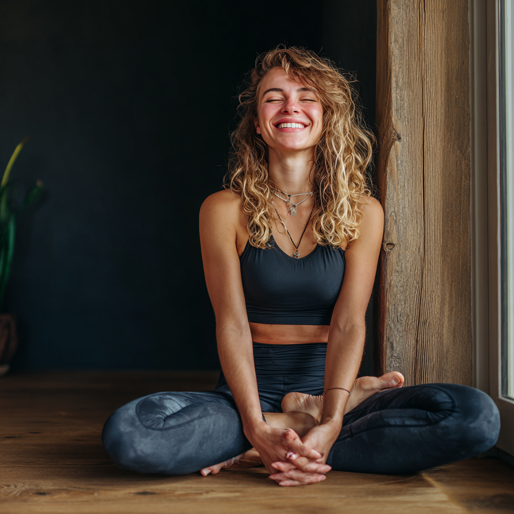 Fiatal európai nő mosolyogva végez légzőgyakorlatokat jóga matracán, természetes fényben, békés arckifejezéssel