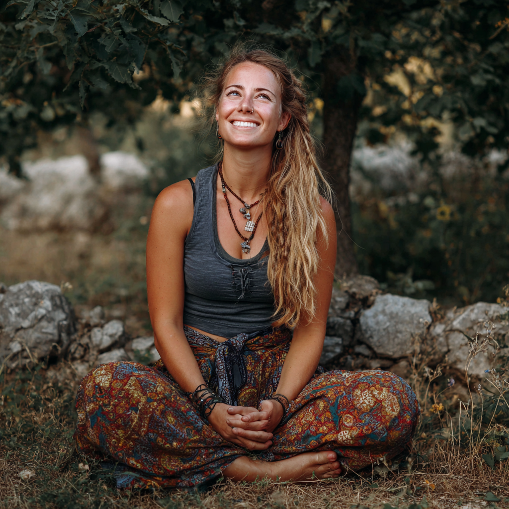 Középkorú európai férfi mosolyogva, sportos öltözetben, természetes háttérrel, elégedett arckifejezéssel a jóga gyakorlás után