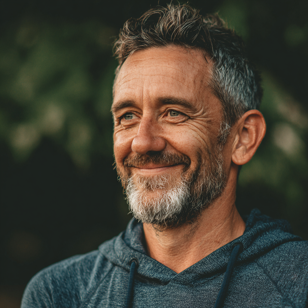 Fiatal európai nő mosolyogva, sportruházatban, napfényes környezetben, boldogan a jóga óra után